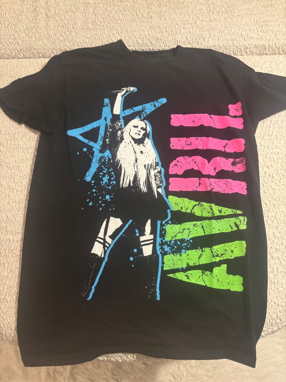 Black Womens Graphic Tee with Neon Pink & Green Print